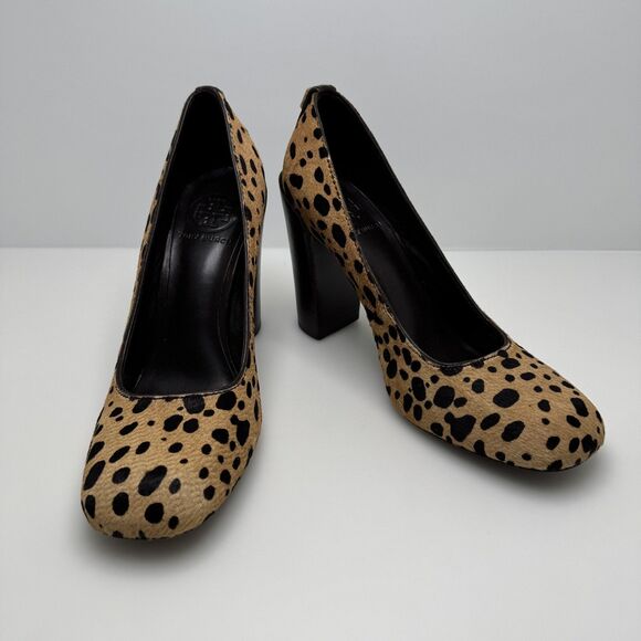 TORY BURCH Leopard Bovine Hair Cheetah Wood Block Heels Pumps Size 8 M - Picture 1 of 12